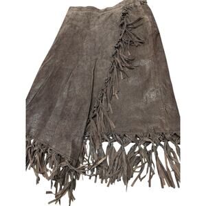 Fringe Trim Brown Suede Midi Skirt
